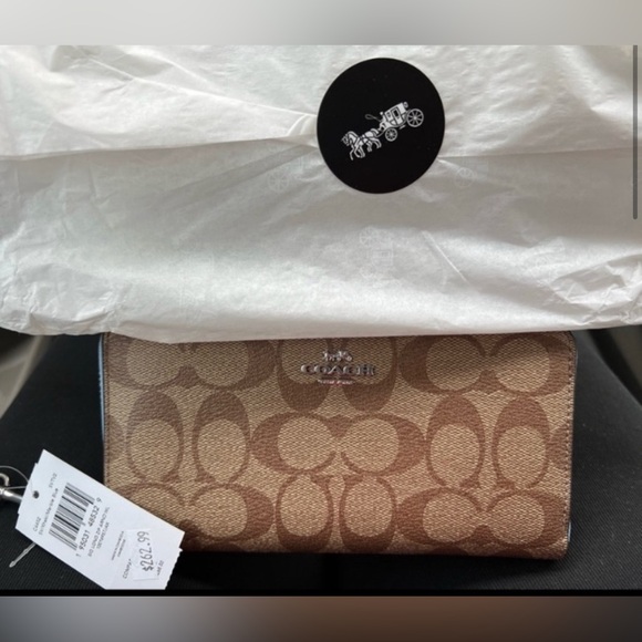 Coach Long Zip Around Wallet In Signature Canvas Sv/Khaki/Waterfall - Picture 4 of 8